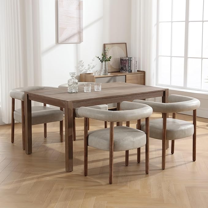 Mid-Century Modern Dining Chairs Set of 2, Armrest Barrel Dining Chairs Side Accent Chairs with Curved Back, Upholstered Wood Armchairs for Kitchen, PU Leather Grey