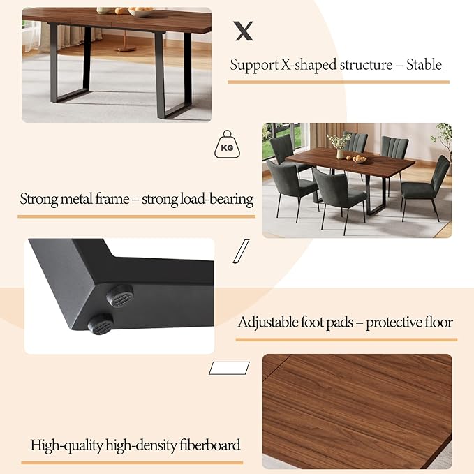 ZckyCine 51"-67" Expandable Dining Table, Modern Rectangular Walnut Wood Table with Metal Frame, Space-Saving Adjustable Table for Kitchen, Dining Room, Apartment or Restaurant