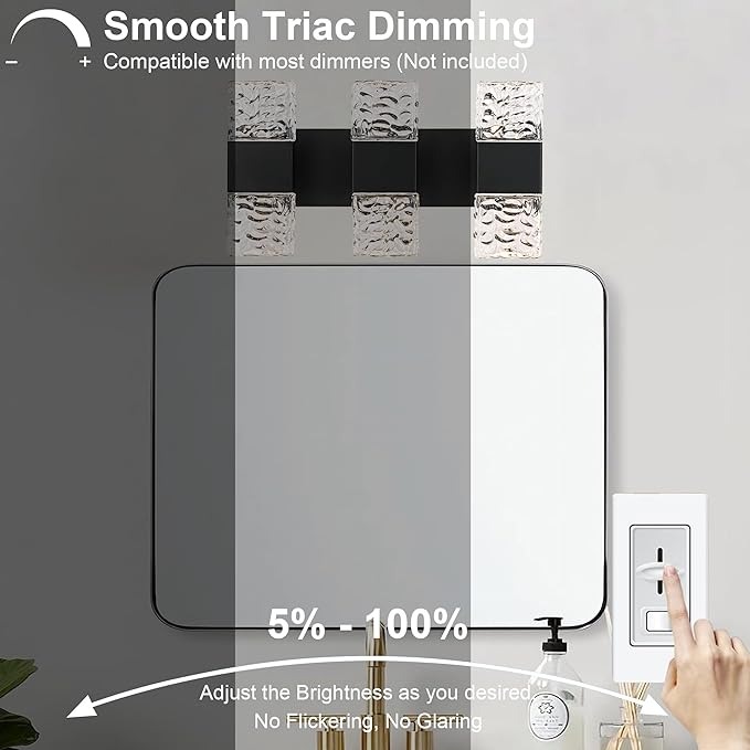 MELUCEE Modern LED Bathroom Lights Over Mirror 24W Dimmable Crystal Wall Sconce LED Vanity Light Bar 3 Lights Black Bathroom Wall Light Fixtures for Bath Powder Room, 3000K Warm Lighting