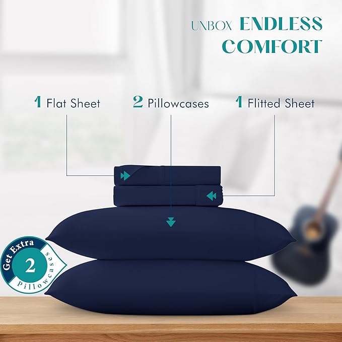 XOOX Linen 100% Egyptian Cotton Sheets California King Size - 1200 Thread Count Cal King Size Sheets Set, 4 PC Luxury Bedsheet (Navy Blue), Soft, Cooling, 17" Deep Pocket Sateen Weave Bedsheet Set