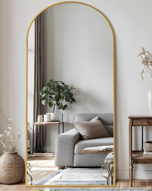 Full Length Mirror, 71"x32" Arched Floor Mirror Freestanding, Oversized Floor Standing Full Body Mirror with Stand for Bedroom, Hanging Mounted for Living Room Cloakroom, Gold