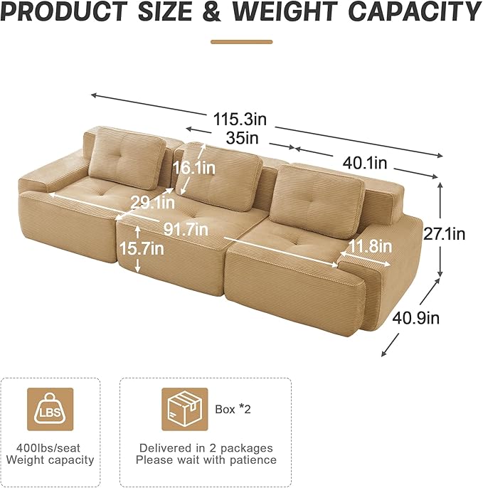 115" Modern Corduroy Cloud Sofa, Boneless Modular Large Sectional Couches for Living Room, Camel 3 Seater Compressed Memory Foam Couch, Extra Deep Seat, No Assembly