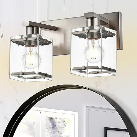 2-Lights Wall Sconce Lighting E26 Bulb Base, Modern Brushed Nickel Bathroom Vanity Light for Over Mirror Bedroom Cabinet, Wall Light Fixtures with Clear Glass Shades
