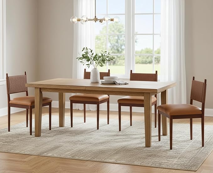 CIMOTA Brown Faux Leather Dining Chairs Set of 6, Mid Century Modern Upholstered Dining Room Chairs with Woven Back, Armless Kitchen Chairs with Walnut Solid Wood Legs, PU