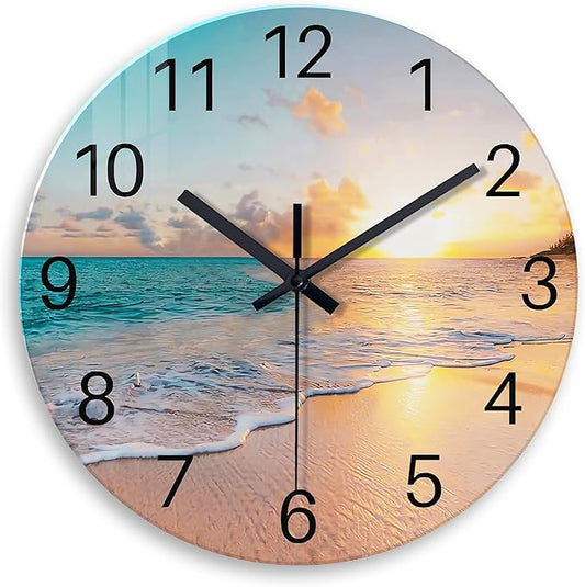 Blue Wall Clock Silent Glass Beach Wall Clock for Living Room Large Wall Clocks Battery Operated 20 Inch