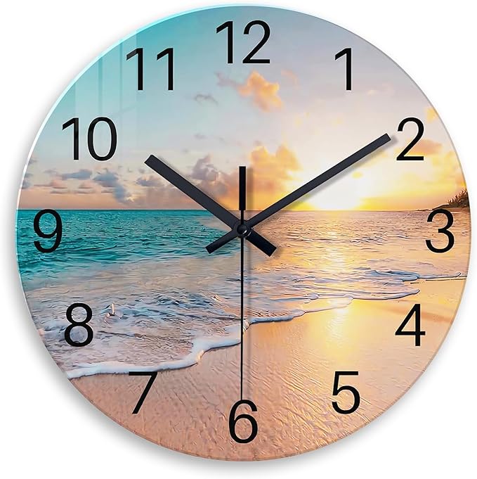 Round Blue Glass Office Wall Clock Decorative 24 Inch Beach Extra Large Wall Clocks Battery Operated Silent Wall Clock Non Ticking