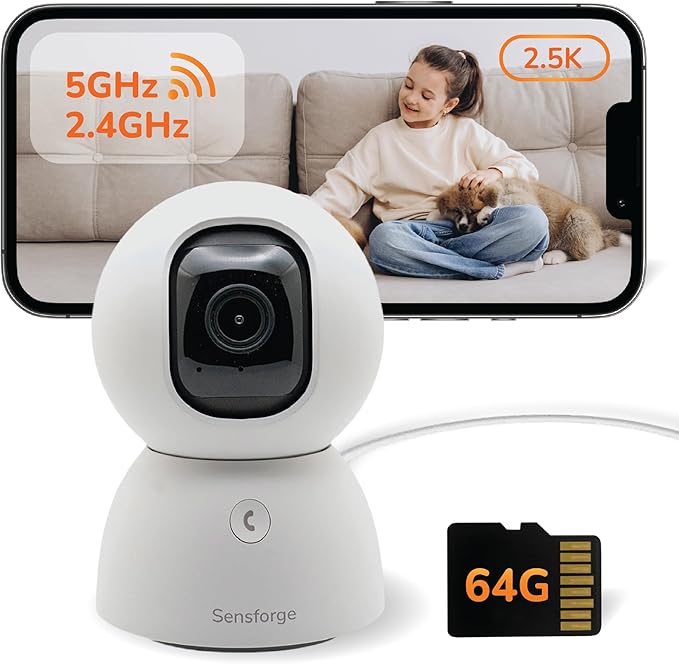 Sensforge Indoor Pan-Tilt Security Camera with SD Card for pet/Kid/Home, 24/7 Recording, 5G/2.4G Wi-Fi, 2.5K Video and Image - Free Human Motion Pet Detection, NO Monthly fee