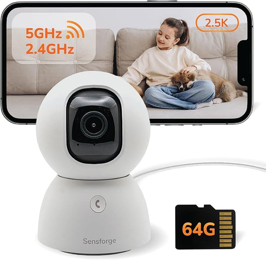 Sensforge Indoor Pan-Tilt Security Camera with SD Card for pet/Kid/Home, 24/7 Recording, 5G/2.4G Wi-Fi, 2.5K Video and Image - Free Human Motion Pet Detection, NO Monthly fee