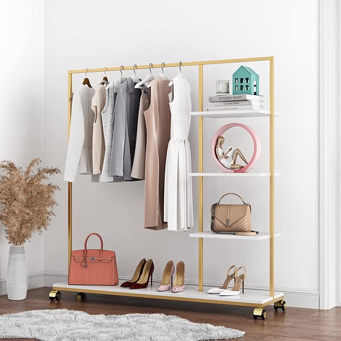 Metal Gold Clothing Rack for Boutique Use, Heavy Duty Garment Rack with Shelves for Retail Display (59L inches)