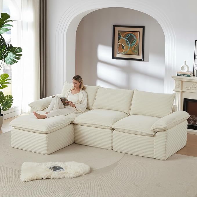 111" Cloud Sectional Couch with L-Shaped Chaise, Corduroy Sectional Sofa with Ottoman, Boneless Couch with Deep Seat in a Box for Living Room, No Assembly Required (White)