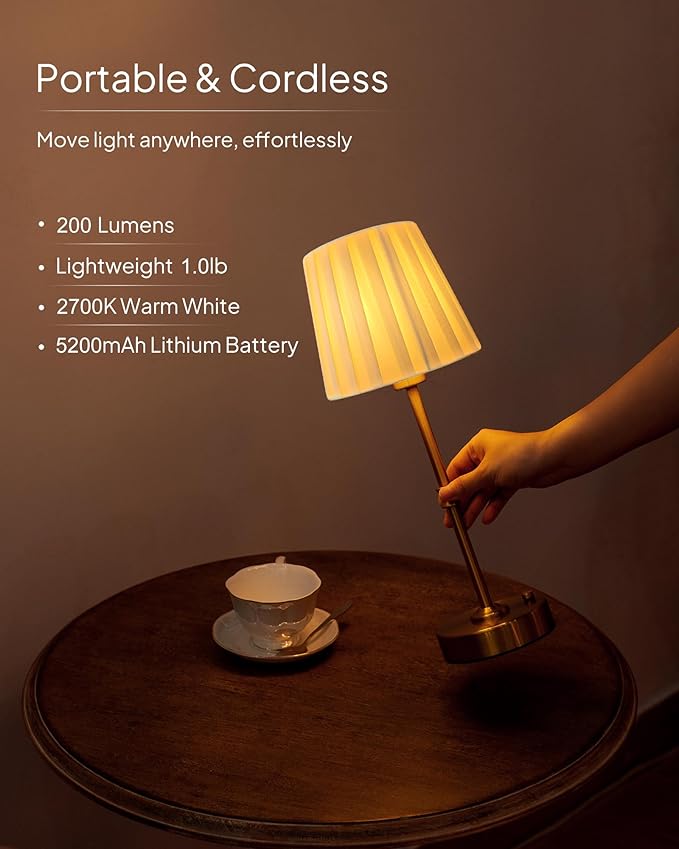 EppieBasic Cordless Table Lamp Rechargeable: Fast Charging & Long Lasting - 2700K Warm Light Vintage Gold Lamps - Dinning Living Room Bedroom - Pleated Shade