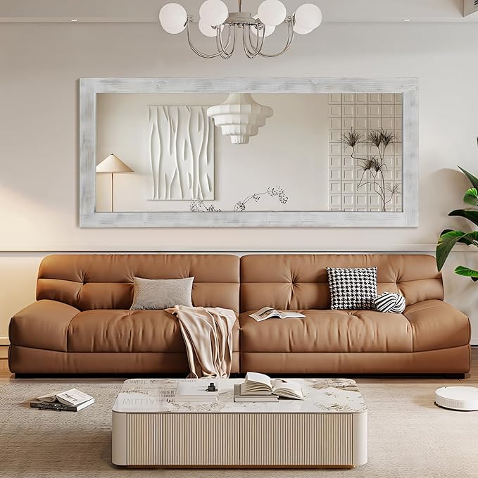 Rustic Farmhouse Full Length Mirror with Stand 71"X32" Large Wood Frame Floor Mirror, Leaning or Wall-Mounted Free Standing Mirror Tempered Glass for Bedroom Living Room, White