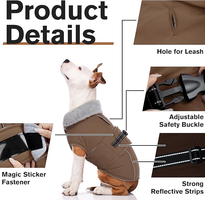 Lelepet Warm Dog Coat Reflective Fleece Vest Waterproof Dog Jacket with Adjustable Buckle Hook & Loop Windproof Cold Weather Coats for Small Medium Large Dogs, Brown, L