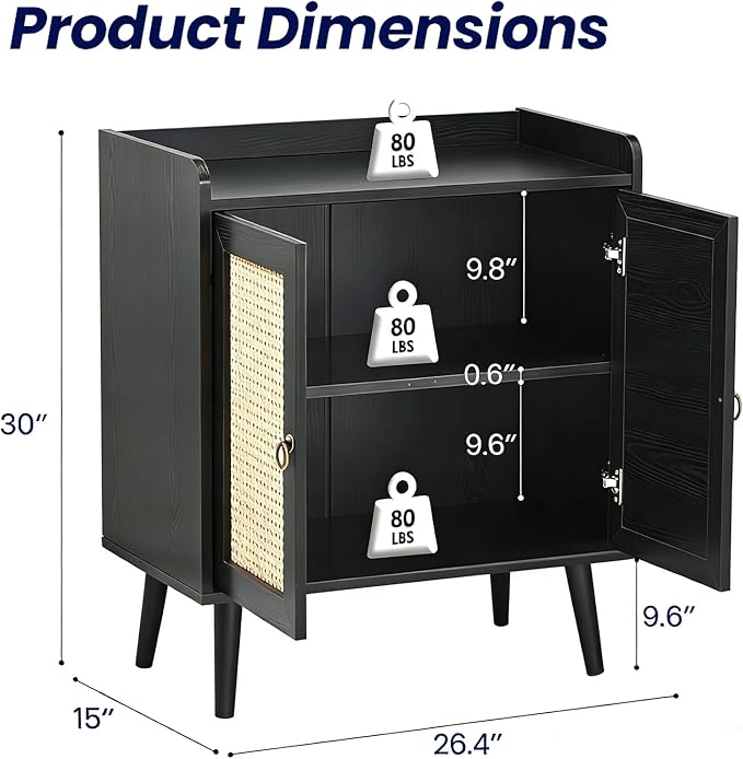 26" Rattan-Door Sideboard Cabinet with Round Pull Rings, 2-Door Credenza Buffet with Generous Storage, Modern Accent Cabinet for Living Room & Kitchen, Black