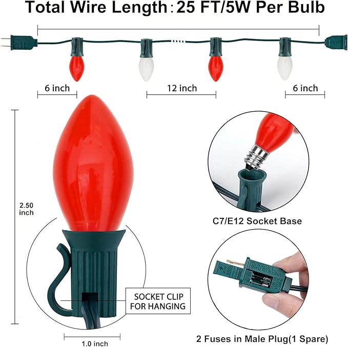 C7 Christmas String Lights 25 Feet Outdoor String Lights with 27 5W Red White Glass Bulbs(2 Spare), Connectable Hanging Christmas Lights for Backyard Patio Balcony Party Xmas Decor, Green Wire