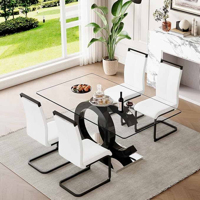 63'' Glass Dining Table Set for 4, Kitchen Table Chairs Set of 4, Clear Glass Dining Table with Black unique design Leg and Silver Metal Base, 4 PU Dining Chairs with Metal Legs, Living Room, Kitchen.