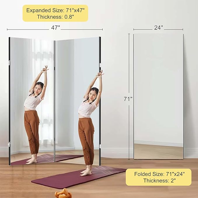 brisafe 360-Degree Folding Full-Length Mirror - 71"x47" Oversized Anti-Shatter Nano Film Mirror, Space-Saving Foldable Design for Home Gym/Yoga Studio,Black, 60% Commercial Insurance Discount