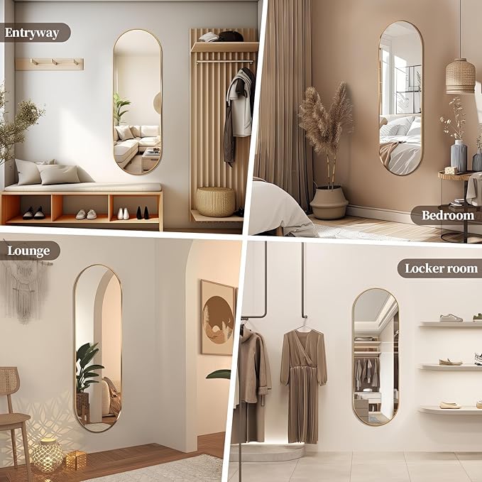 Oval Full Length Mirror, 60"×19" Wall-Mounted Mirror with Metal Frame, Ultra-Clear Explosion-Proof, Simple and Classic Deco for Cloakroom/Bedroom/Living Room, Gold