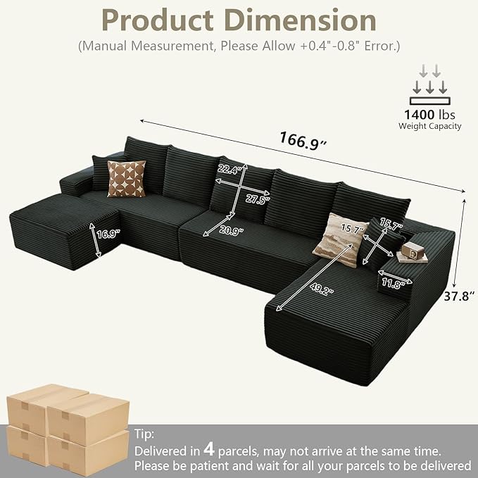 166.9" U-Shape Cloud Couch, Modern Modular Sectional Comfy L-Shape Sofa with Ottoman, Deep Seat, Upholstered Corduroy Sleeper Chaise Longue for Living Room Bedroom, No Assembly Required, Black