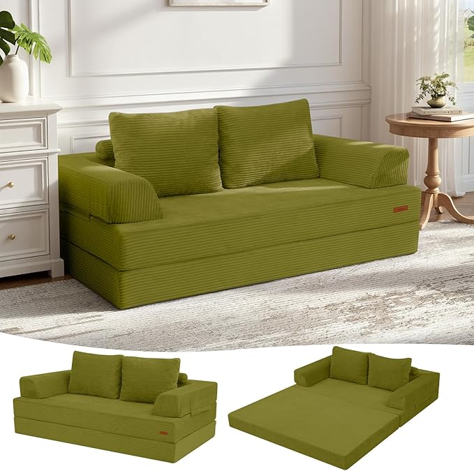 COMAX Convertible Sofa Bed, Folding Floor Couch Corduroy Fold Out Couch Bed Futon Sleeper Mattress with Pillows, Boneless Sofa Comfy Lounge Loveseat for Living Room Bedroom, Light Green