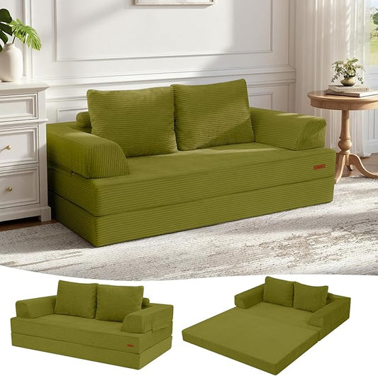 COMAX Convertible Sofa Bed, Folding Floor Couch Corduroy Fold Out Couch Bed Futon Sleeper Mattress with Pillows, Boneless Sofa Comfy Lounge Loveseat for Living Room Bedroom, Light Green