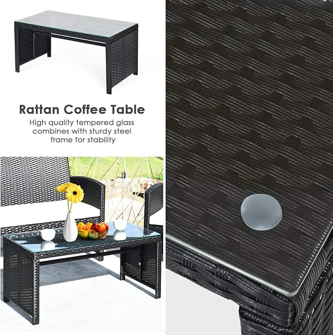 Tangkula Patio Wicker Conversation Furniture Set, Patiojoy Sofa & Table Set w/4 Seats, Outdoor Rattan Sofa Set for Balcony Backyard, Wicker Chair Set with Tempered Glass Coffee Table (2, White)