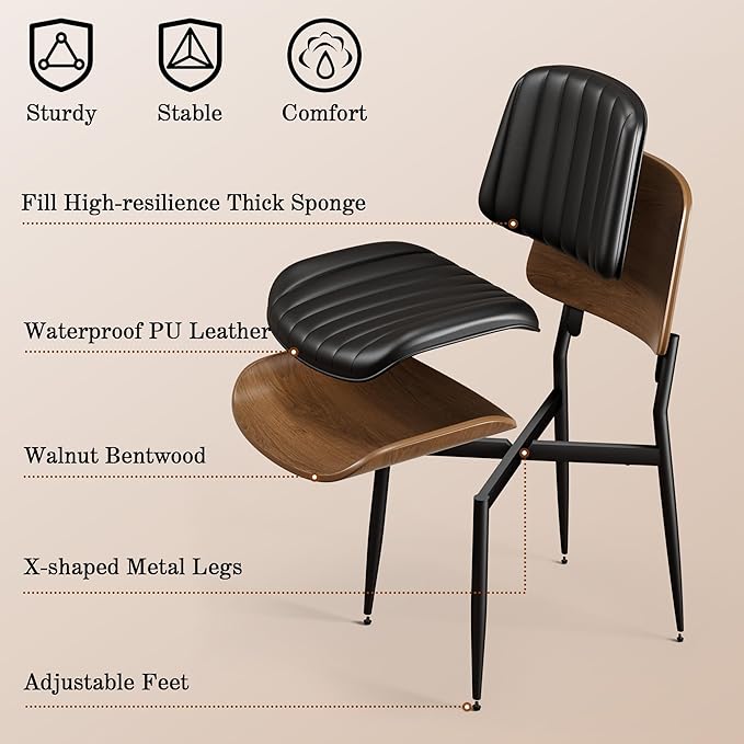 Dining Chairs Set of 8, Mid-Century Modern Upholstered PU Leather Chairs with Walnut Bentwood Back and Metal Legs Adjustable Feet for Kitchen Dining Living Room, Dark Black Vertical Stripes