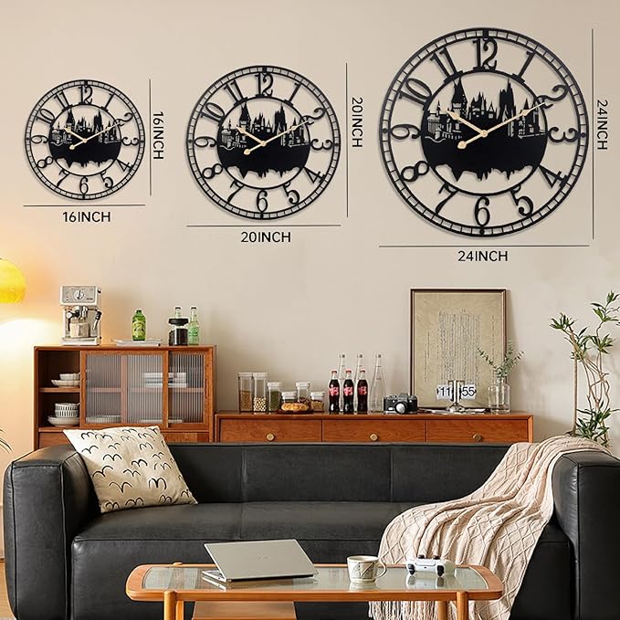 Wall Clocks for Living Room, Metal Black Castle with Metal Golden Retro Hands, Battery Operated Silent Non-Ticking Large Wall Clock for Bedroom Kitchen Living Room Home Decor,16x16Inch