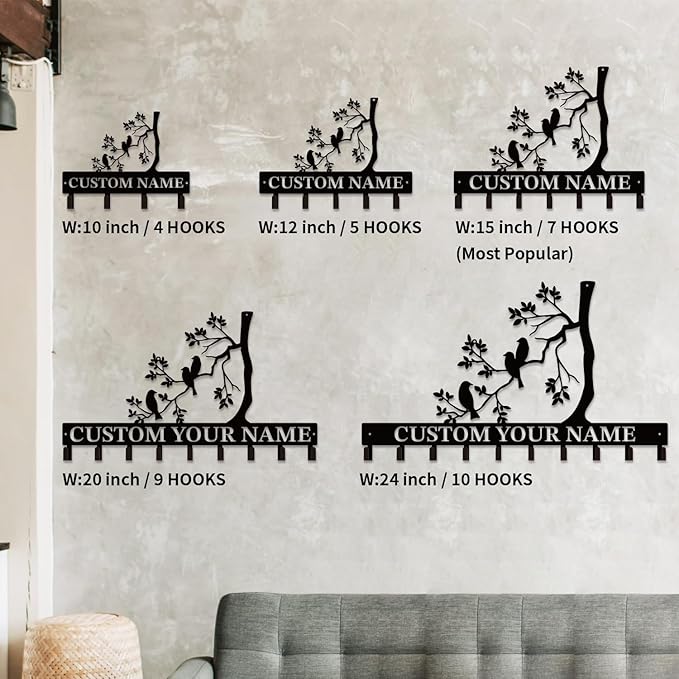 Personalized Custom Name Birds of Trees Wall Key Hooks,Metal Birds of Trees Art Clothes Hooks,Metal Birds of Trees Wall Home Storage Decorative,For Front Door, Hallway, Kitchen, Bedroom(Style G)