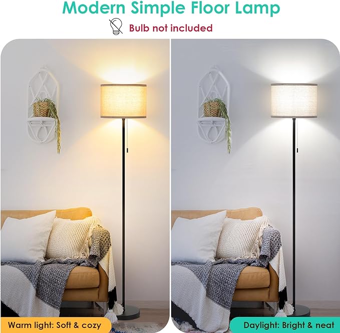 FOLKSMATE Floor Lamp for Living Room, LED Modern Simple Standing Lamps, Tall Lamp for Bedroom, Kid, Office, Reading Room Black Pole Light Without Bulb