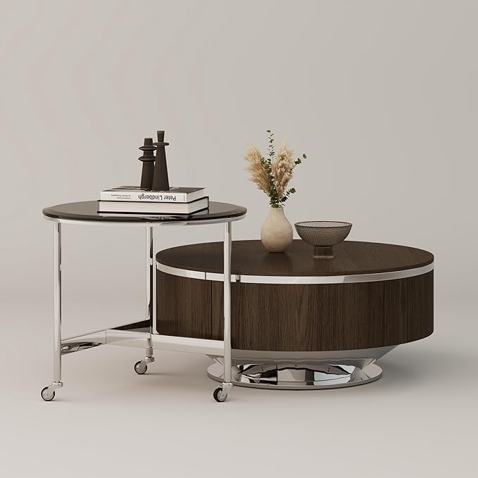 31.5 Inch Round Walnut Coffee Table with Hidden Storage Drawers and Silver Polished Stainless Steel Base, Modern Coffee Table Set with Rolling Side Table for Living Room