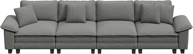 PHI VILLA Cloud Modular Couches Sets, 157.5" Sectional Sofa with Upholstered Deep Seat, 4-Seater Long Couches for Living Room Apartment, Corduroy Fabric, Grey