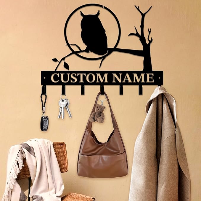 Personalized Custom Name Birds of Trees Wall Key Hooks,Metal Birds of Trees Art Clothes Hooks,Metal Birds of Trees Wall Home Storage Decorative,For Front Door, Hallway, Kitchen, Bedroom (Style J)