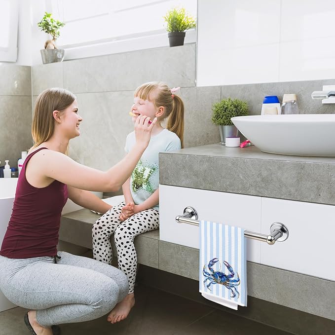 Blue Crab Coastal Bathroom Decor Hand Towels, Coastal Nautical Dish Tea Towels, Blue Striped Beach Ocean Animal Decorative Hand Towel for Bathroom Kitchen, 16x24 Inch