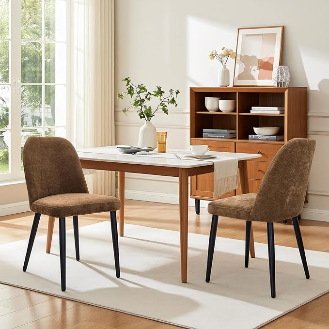 Upholstered Dining Chairs Set of 2, Mid Century Modern Fabric Dining Room Chair High-Back Padded Kitchen Chairs with Padded Seat and Metal Legs for Kitchen Dining Room Restaurant Cafe, Brown