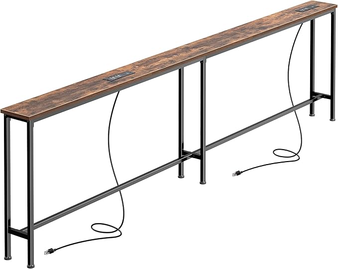 SUPERJARE 86.6 Inch Sofa Table with 2 Power Outlets and USB-C Ports, 5.9 Inch Narrow Console Table with Storage, Long Entryway Hallway Couch Table Behind Sofa, Small Spaces, Living Room, Rustic Brown