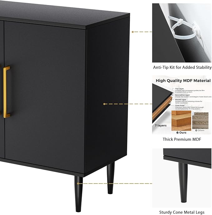 Modern Storage Cabinet, Free Standing Buffet Cabinet, Black Sideboard and Buffet Storage, Wood Accent Furniture for Living Room, Hallway, Entryway, Dining Room, Bedroom (1, Black)
