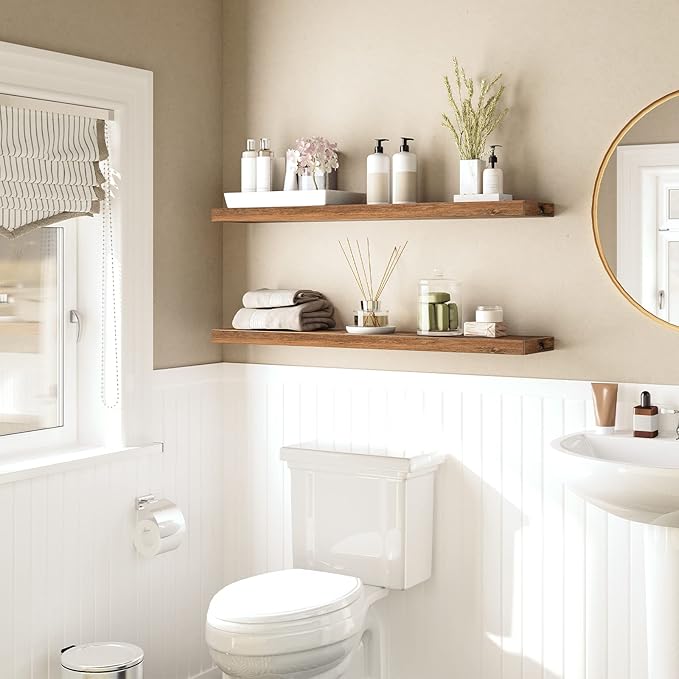 HOOBRO Floating Shelves for Wall, Wall Mounted Shelf Set of 2, 39.4" Hanging Shelf with Invisible Brackets, for Wall in Bathroom, Bedroom, Toilet, Kitchen, Living Room, Rustic Brown BF100BJP201G2