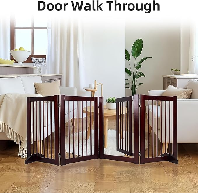 Wooden Free Standing Dog Gate with Door Walk Through, 30 inch 4 Panels Pet Gate for Dogs with 2 Support, Folding Dog Gate Indoor for Stairs, Doorways, Living Room (Brown, 4 Panel - 30")