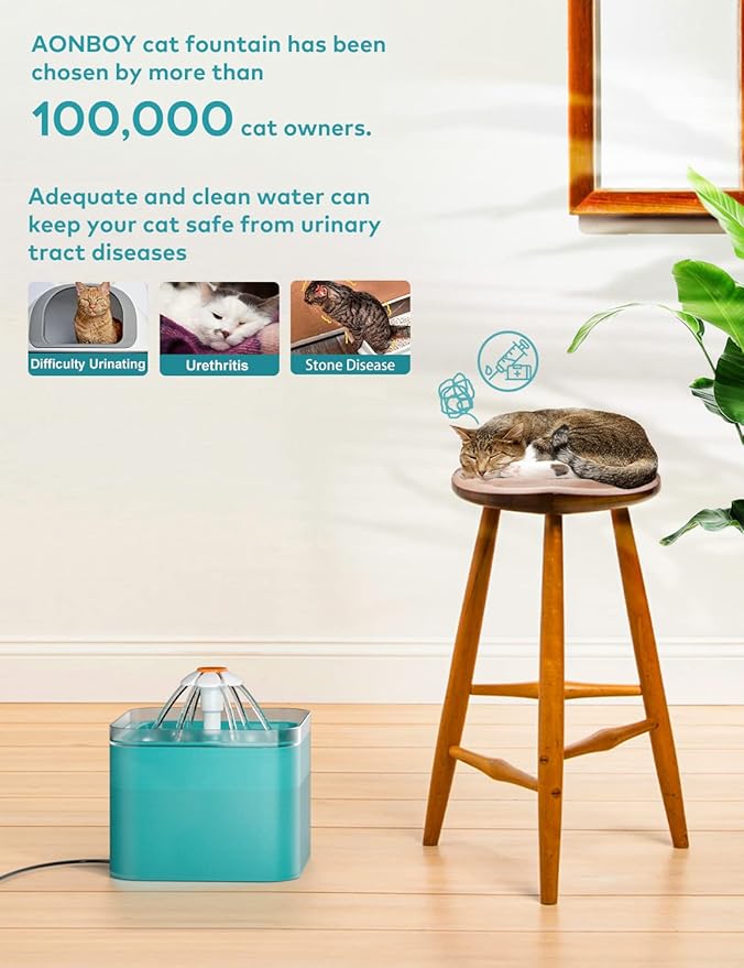 Cat Water Fountain: Cat Fountain - Water Fountains for Cats Indoor - 67oz/2L Cat Fountains for Drinking - Pet Water Fountain - Ultra Silent - Cat Drinking Fountain for Small Dogs - AONBOY
