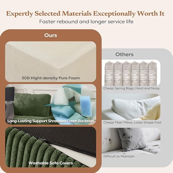 67" Loveseat Sofa, Cloud Modular Couch, Upholstered Floor Sofa with Deep Seat, Upholstered Foam Sofa for Bedroom Living Room, No Assembly Required (Green, Plush Corduroy Fabric)