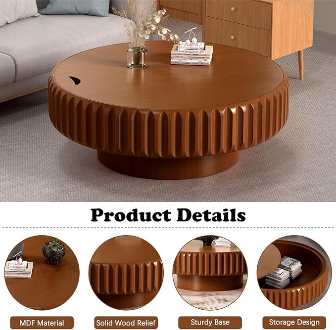 Round Coffee Table with Storage for Living Room, Handcraft Fluted Drum Coffee Table Modern Circle Wooden Coffee Table Cocktail Table for Home Office Apartment (Brown 39.37")