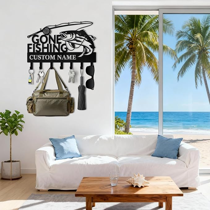 Personalised Fishing Key Holder for Wall, Key Holder Wall Mount, Lake Fishing Decor, Decorative Key Rack Coat Hooks for Bathroom Entryway Kitchen Doorway, Gifts for Fishermen