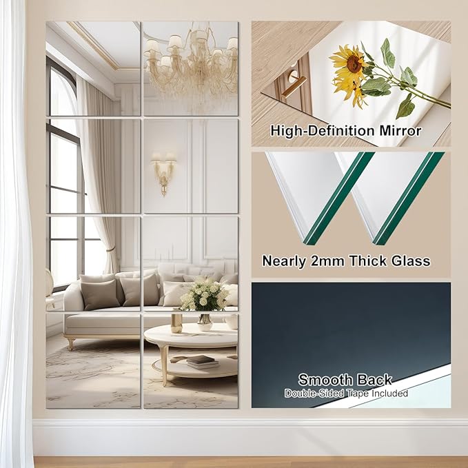Vlush Adhesive Wall Mirror Tiles 13'' x 13'' x 4PCS Full Body & Full Length Mirrors Wall Mounted Mirrors Decorative for Home Gym, Door, Bedroom & Bathroom