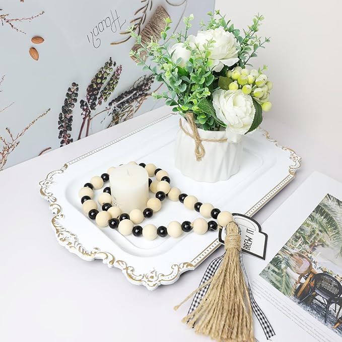 2 Pcs White Vintage Decorative Trays with Gold Rim, Serving Tray for Table Centerpiece Decor, Coffee Table, Living Room