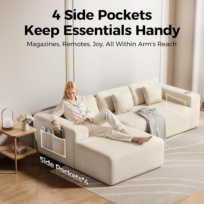 108” Cloud Sectional Couch in One Box, Compressed Modular Sectional Sofa with Deep Seat, Corduroy Boneless Couches, L-Shaped Sofa for Living Room, 4 Storage Pockets(Left Facing Chaise, Beige)