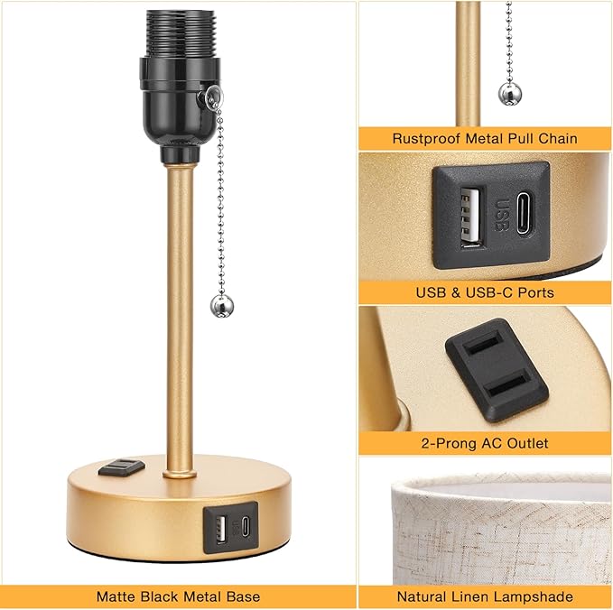 Dicoool Elegant Gold Bedside lamp for Bedroom - 3 Color Temperatures Small Table Lamp with USB C and A Ports, Pull Chain Table Lamps with AC Outlet, Cream Nightstand Lamps for Kids Reading Study
