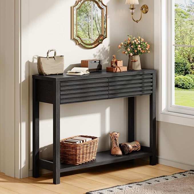 EAG 40" Fluted Console Table with 2 Drawers, Modern Wood 2 Tier Entryway Table with Storage Shelf, Narrow Sofa Tables Behind Couch for Entrance Foyer, Hallway, Living Room, Black