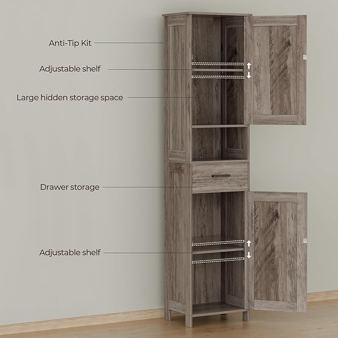 Homhedy 67" H Tall Bathroom Storage Cabinet with 2 Barn Doors and 1 Drawer, Narrow Storage Unit, Adjustable Shelves, Floor Cabinet for Bathroom, Living Room, Entryway, Kitchen, Greige, (15.7" W)