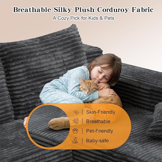 106'' Boneless Couches for Living Room, L Shaped Modular Sectional Sofa with Chaise Lounge, Faux Rabbit Fur & Layered Cushion Deep Seat Cloud Couch, No Assembly (Dark Grey, Left Facing Chaise)